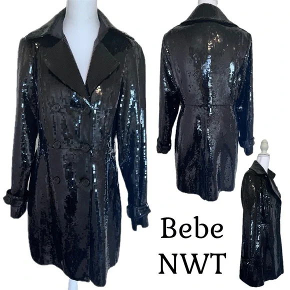 BEBE NWT SEQUIN TRENCH COAT BLACK SHINY TUXEDO COUTURE GALA FORMAL JACKET GLAMOR - Picture 1 of 16